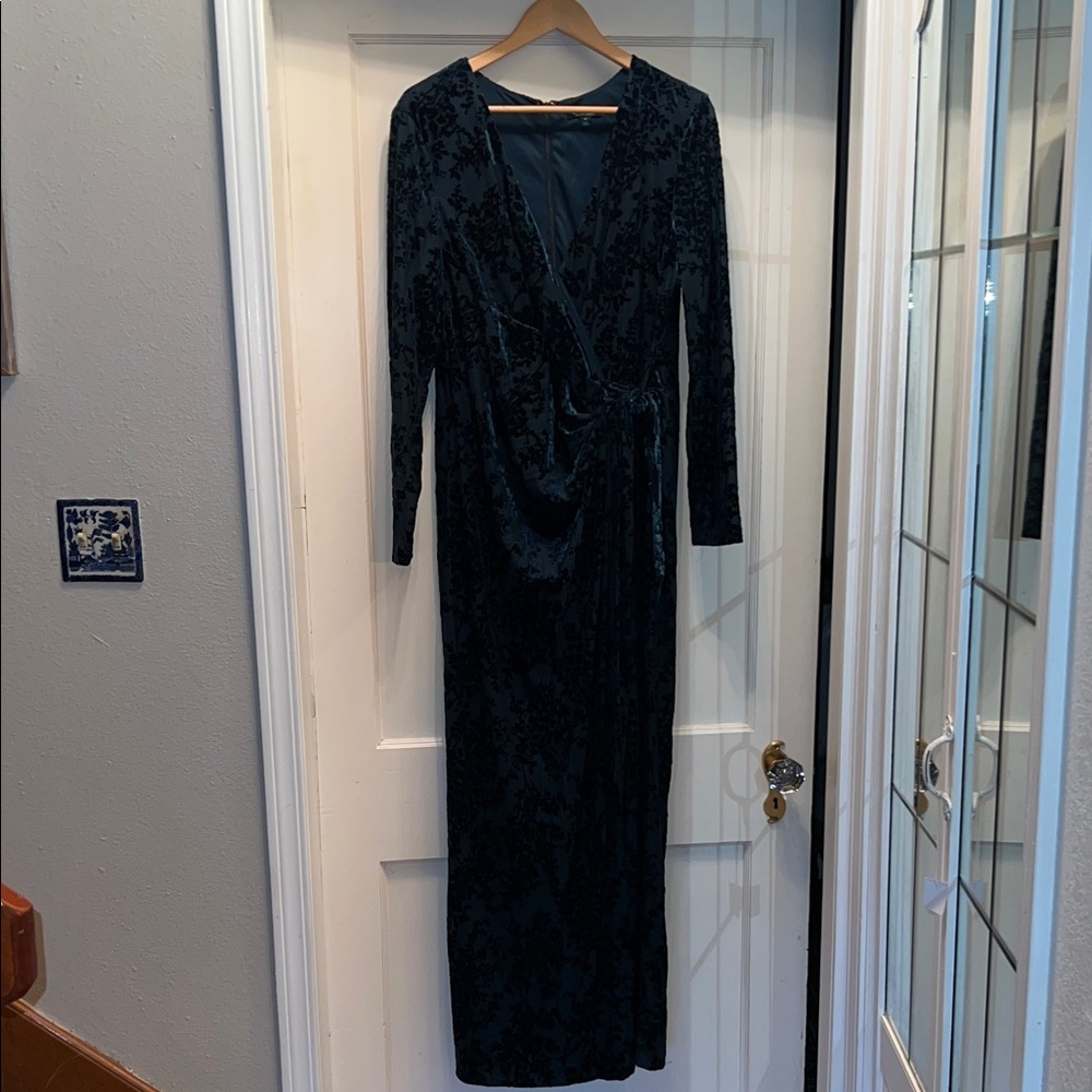 Long Black Velvet Wrap Dress with Subtle Burnout Pattern